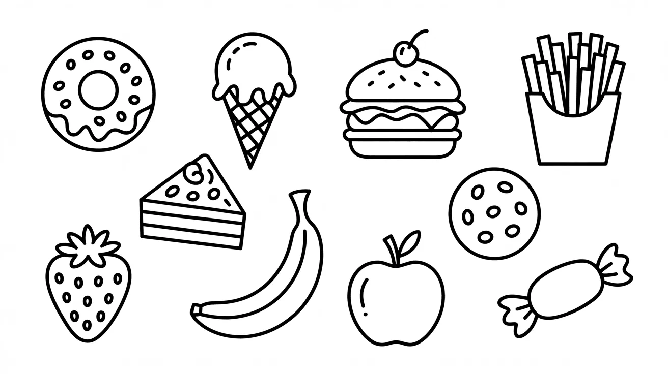 A colorful assortment of food items featuring donuts, fresh fruit, and a single donut on a plate.