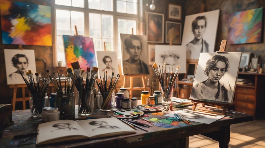 An artist's studio filled with various paintings, brushes, and art supplies, showcasing a creative workspace.