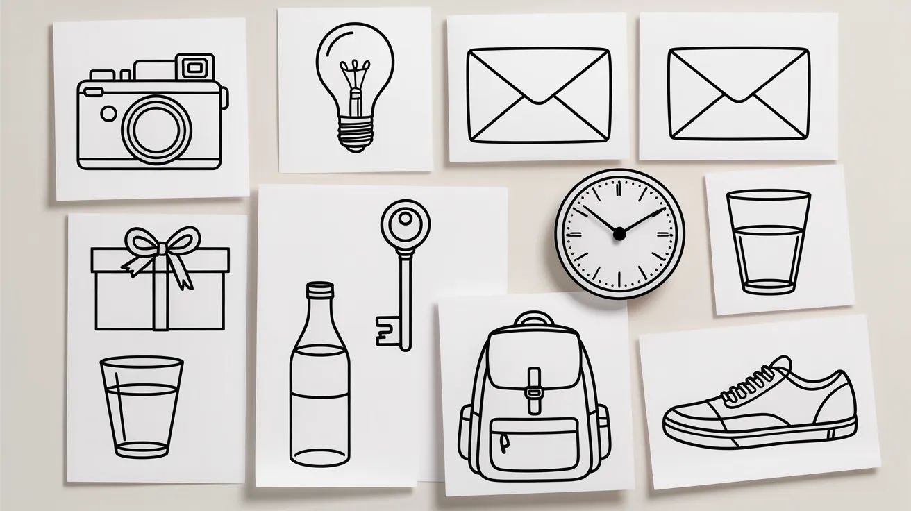 A collection of black and white drawings depicting various items, showcasing intricate details and artistic styles.