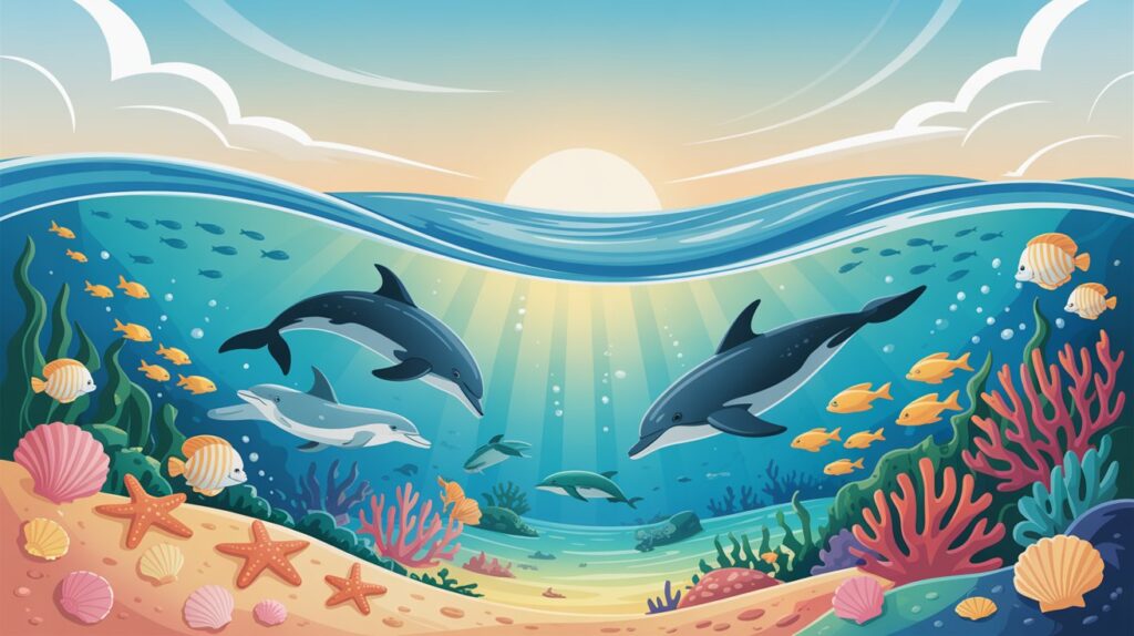 A serene underwater view showcasing dolphins gliding through colorful coral reefs.