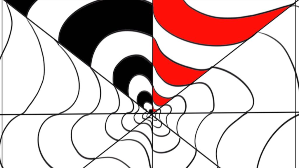 Op Art Drawing Step-by-Step Easy Tutorial Black and white spider web featuring bold red and white stripes woven throughout the intricate design.