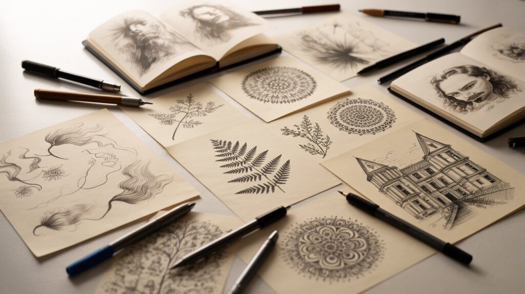A table displaying various colorful drawings alongside an assortment of pens and markers.