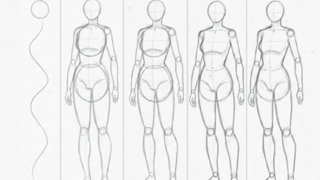 llustration showing various poses of a female figure, demonstrating techniques for drawing dynamic human forms.