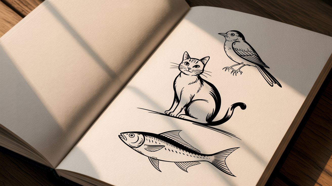 A book cover featuring a cat, a bird, and a fish illustrated together in a colorful design.