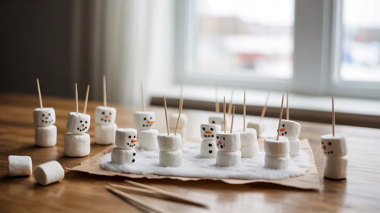 - Marshmallow snow art on a table with a stick for a fun kids’ DIY winter craft activity.