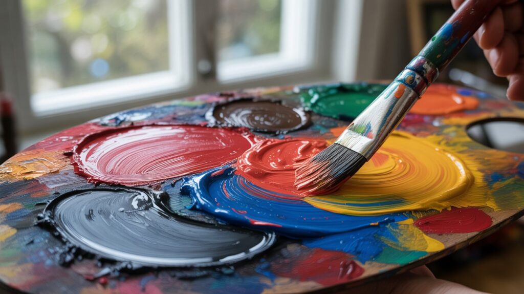 Artist mixing red, blue, and yellow paint on palette to create black