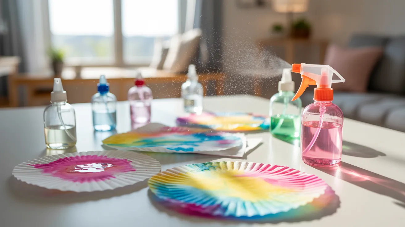 Perfume spray art for kids on a table with multiple spray bottles for a sensory creative painting activity.