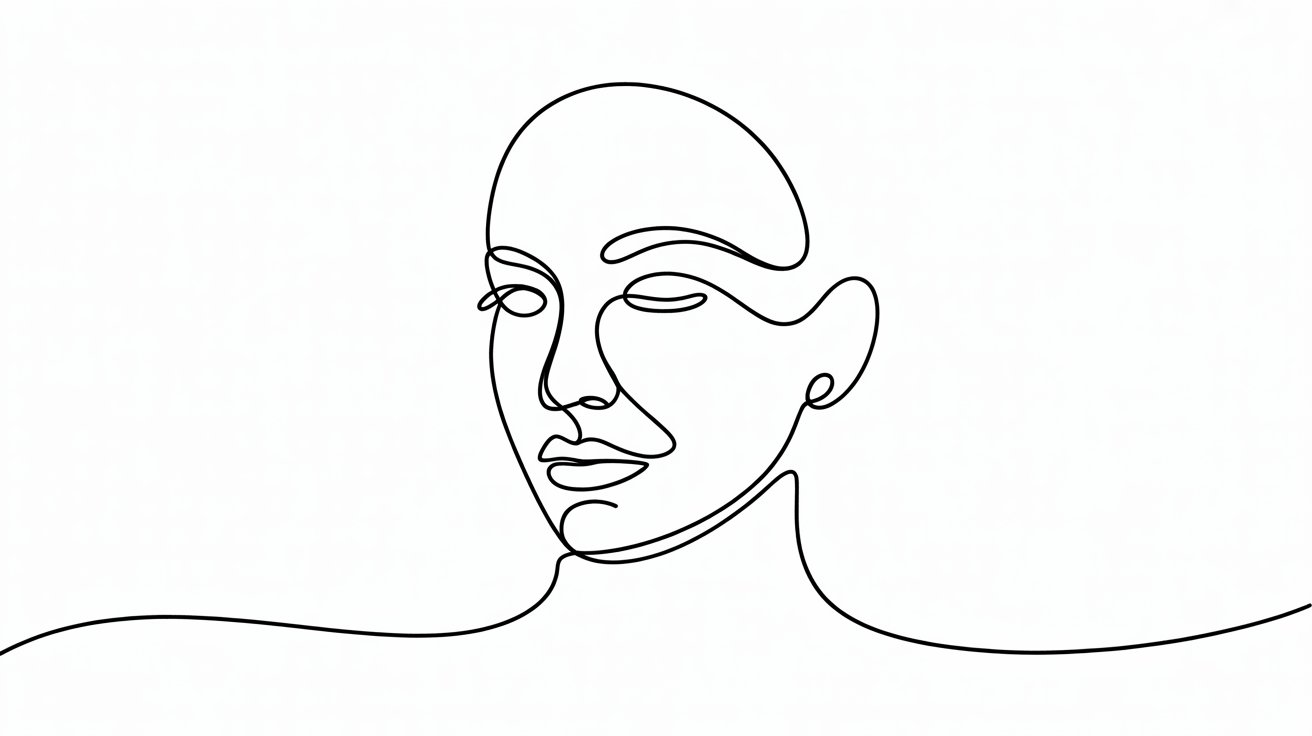Continuous line drawing of a woman's face, showcasing elegant features and a minimalist artistic style.