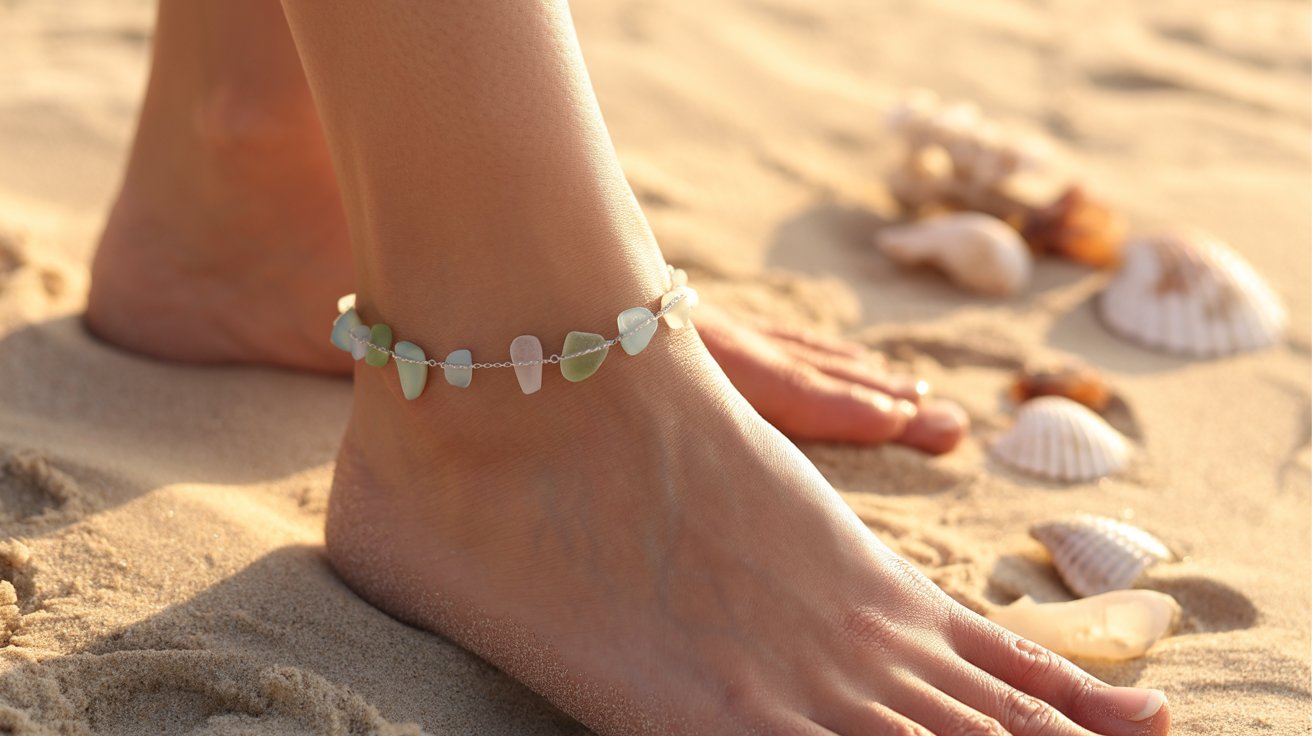 Sea glass anklet jewelry styled on beach