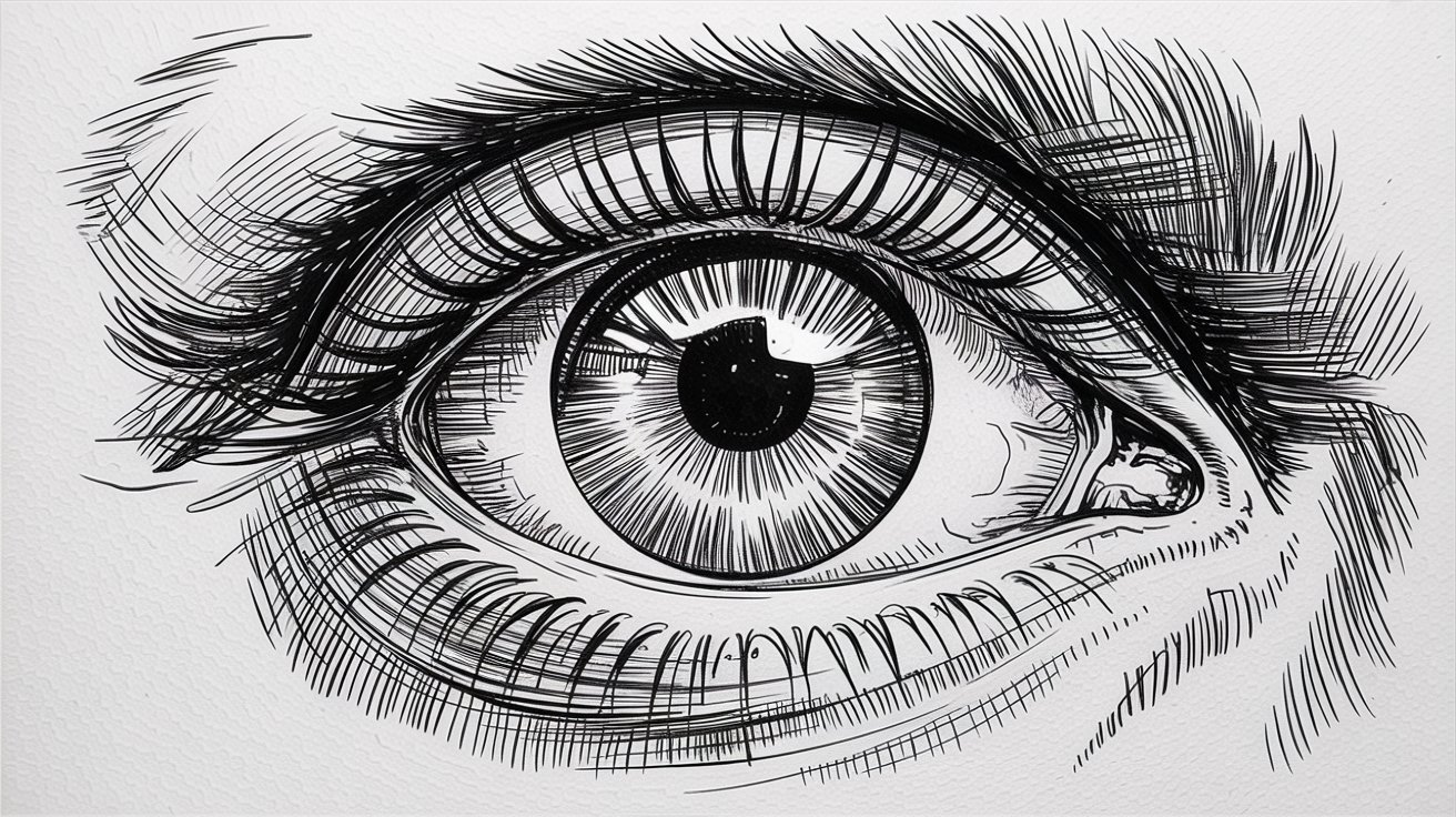 A detailed drawing of an eye featuring a prominent long eyelash extending from the upper lid.