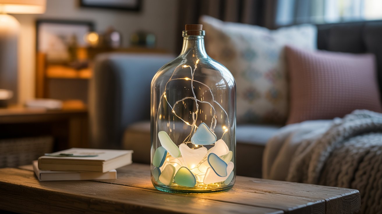 Sea glass bottle with fairy lights glowing inside