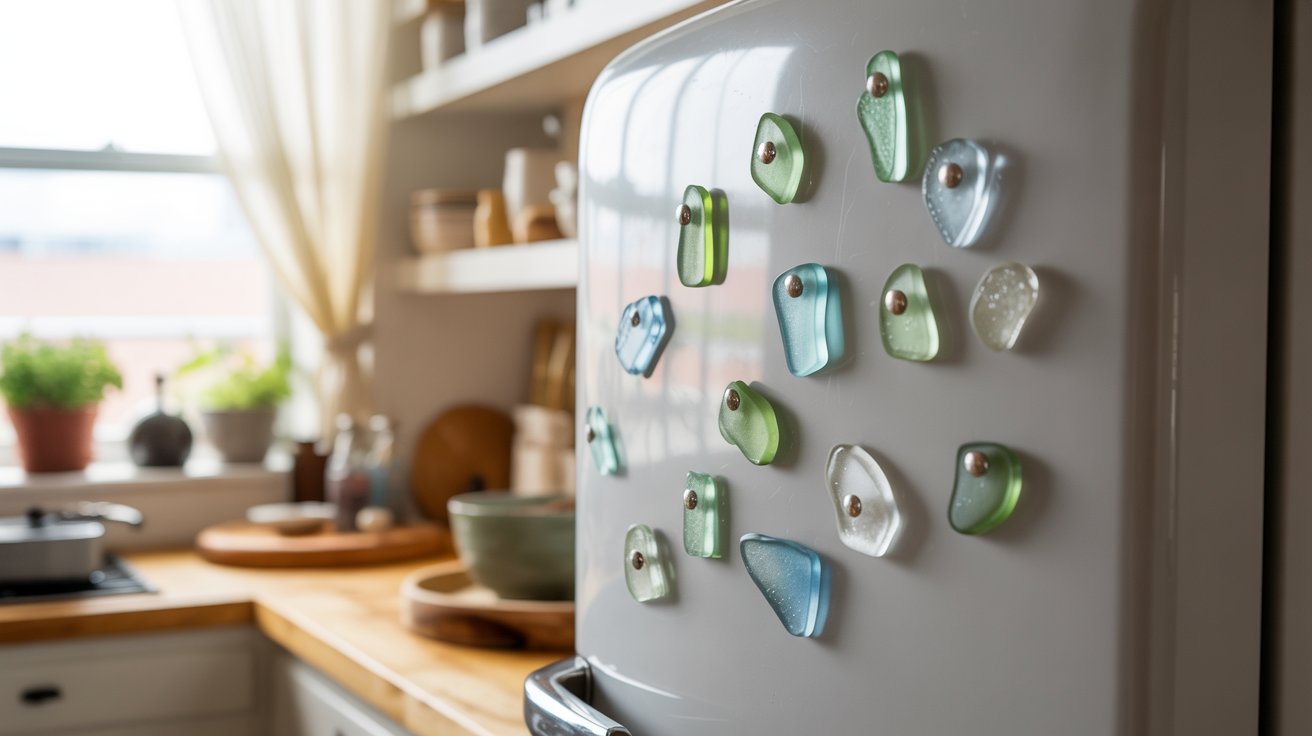 DIY sea glass magnets on refrigerator