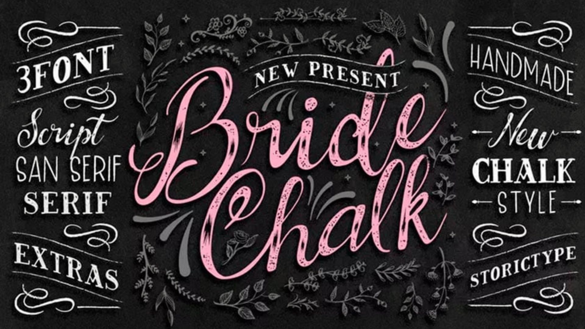 "The Bride" chalkboard font showcased for minimal typography in various chalkboard art projects.