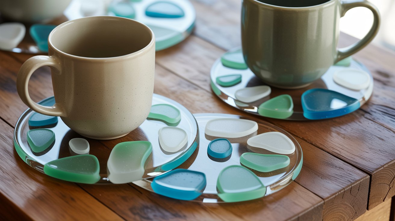 Sea glass coasters with resin finish on table