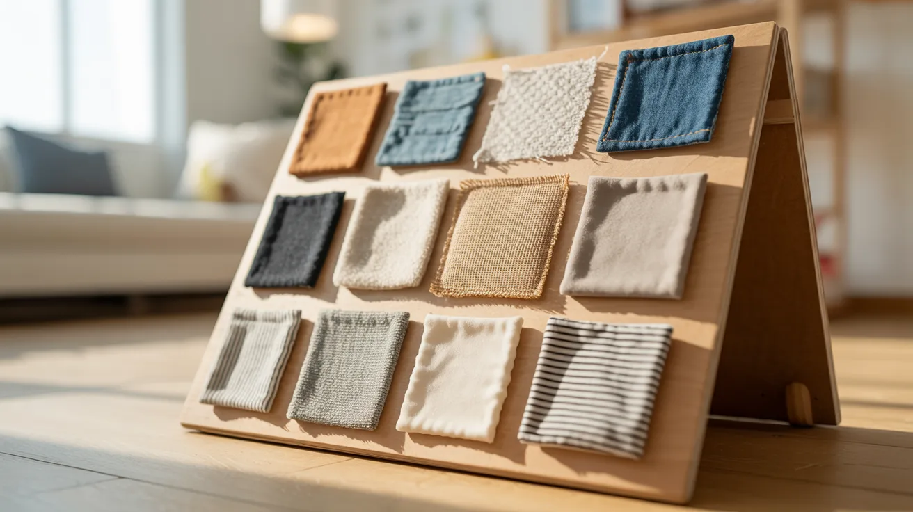 - Fabric scrap exploration board for kids’ sensory play and tactile learning activity.