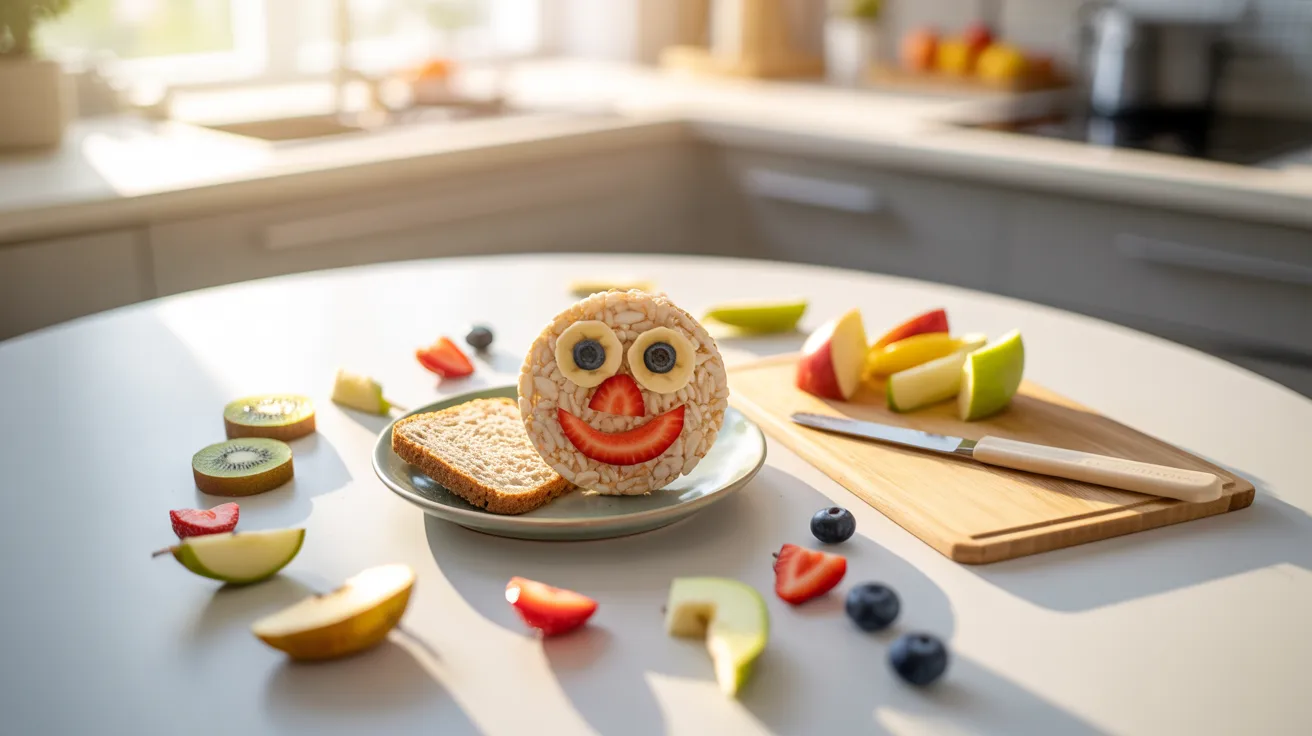 Fruit face snack art for kids’ creative food activity using fresh fruits to form fun facial designs.