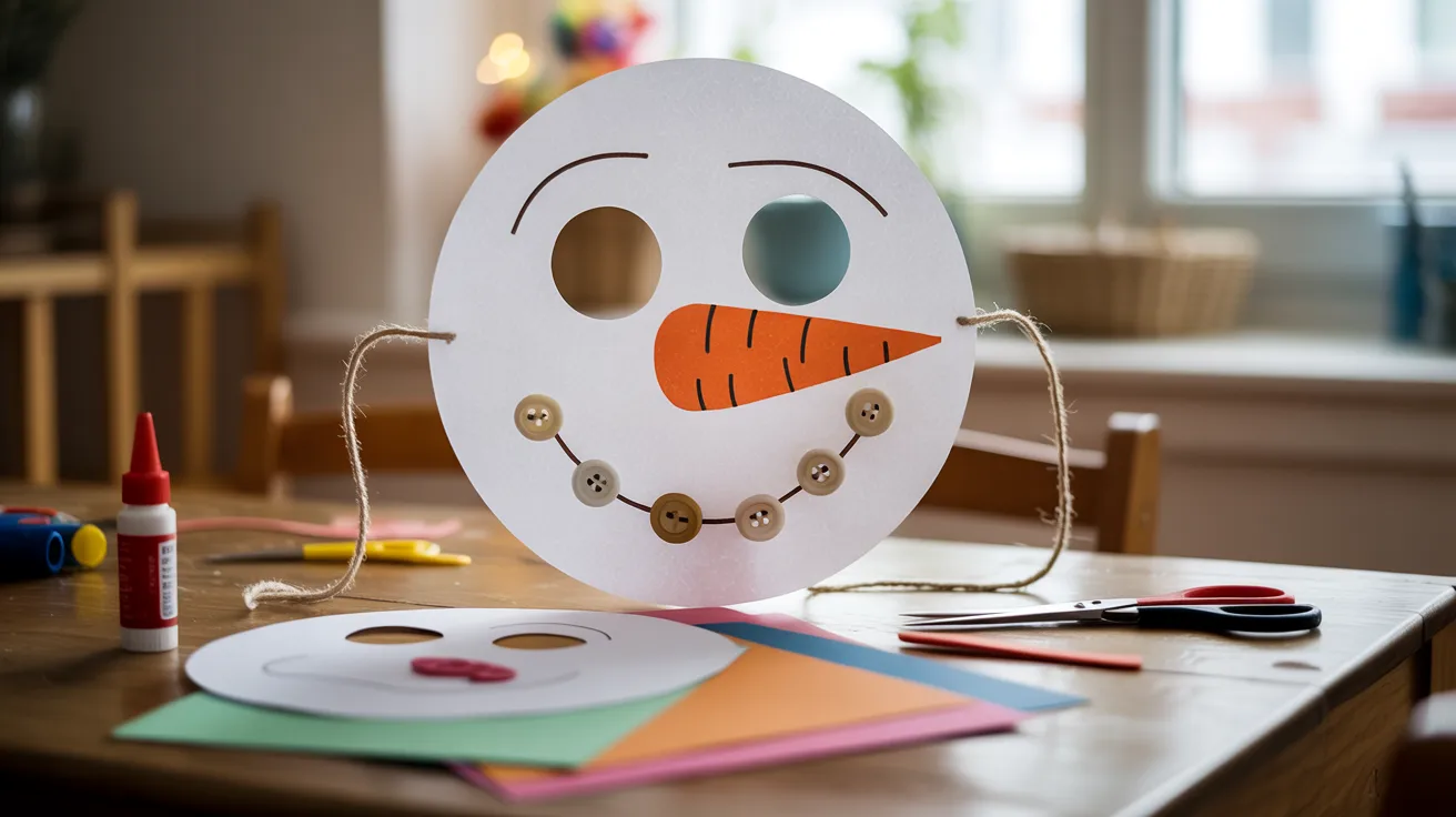 - Snowman mask craft on a table with string for wearing, used for a fun kids’ DIY winter activity.