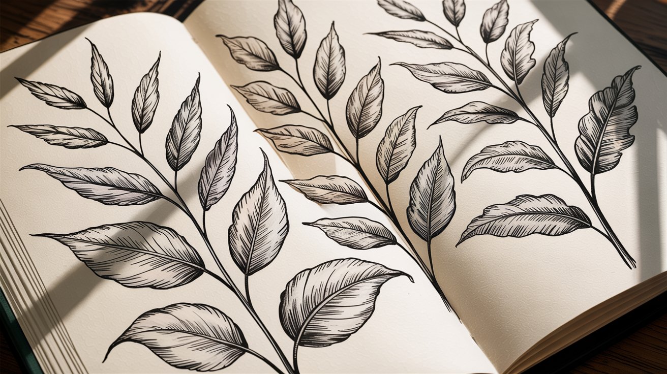 A book featuring a detailed drawing of leaves on its cover, showcasing a natural and artistic design.