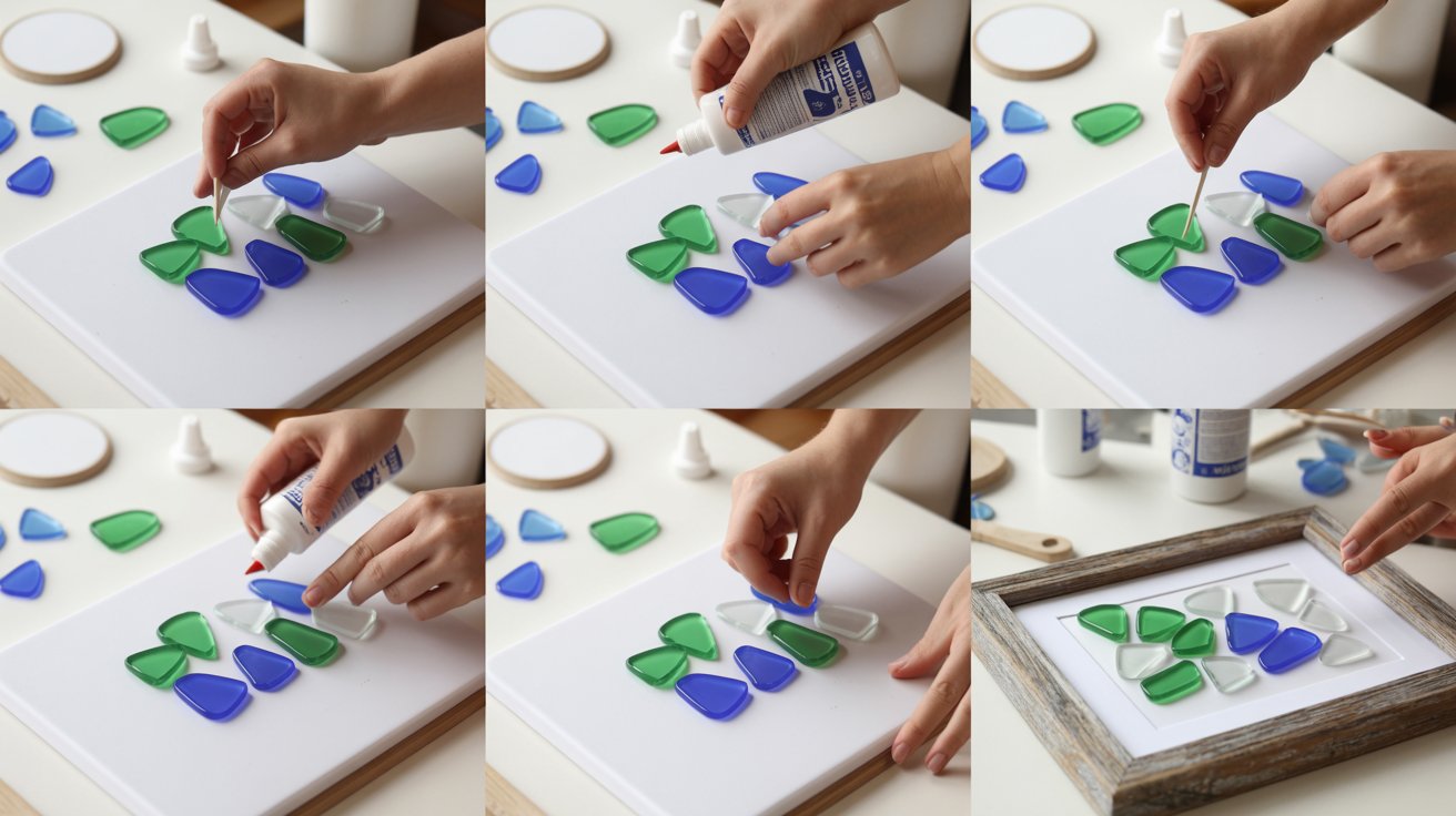 Step by step process of making sea glass frame art