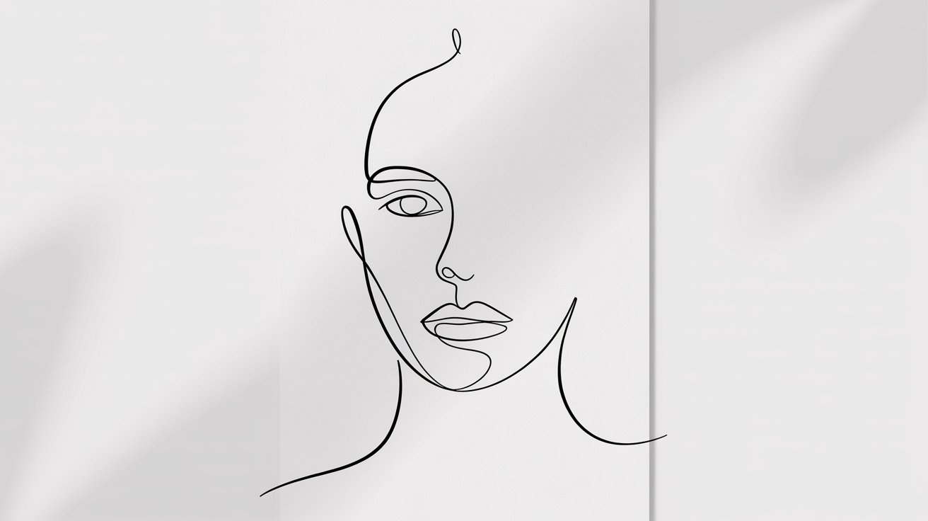 A drawing of a woman's face with a prominent line drawn across it, highlighting facial features and expression.