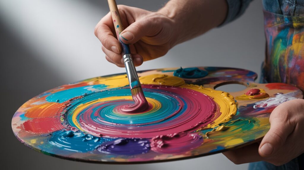 Primary colors of pigment cyan magenta yellow being mixed on a paint palette