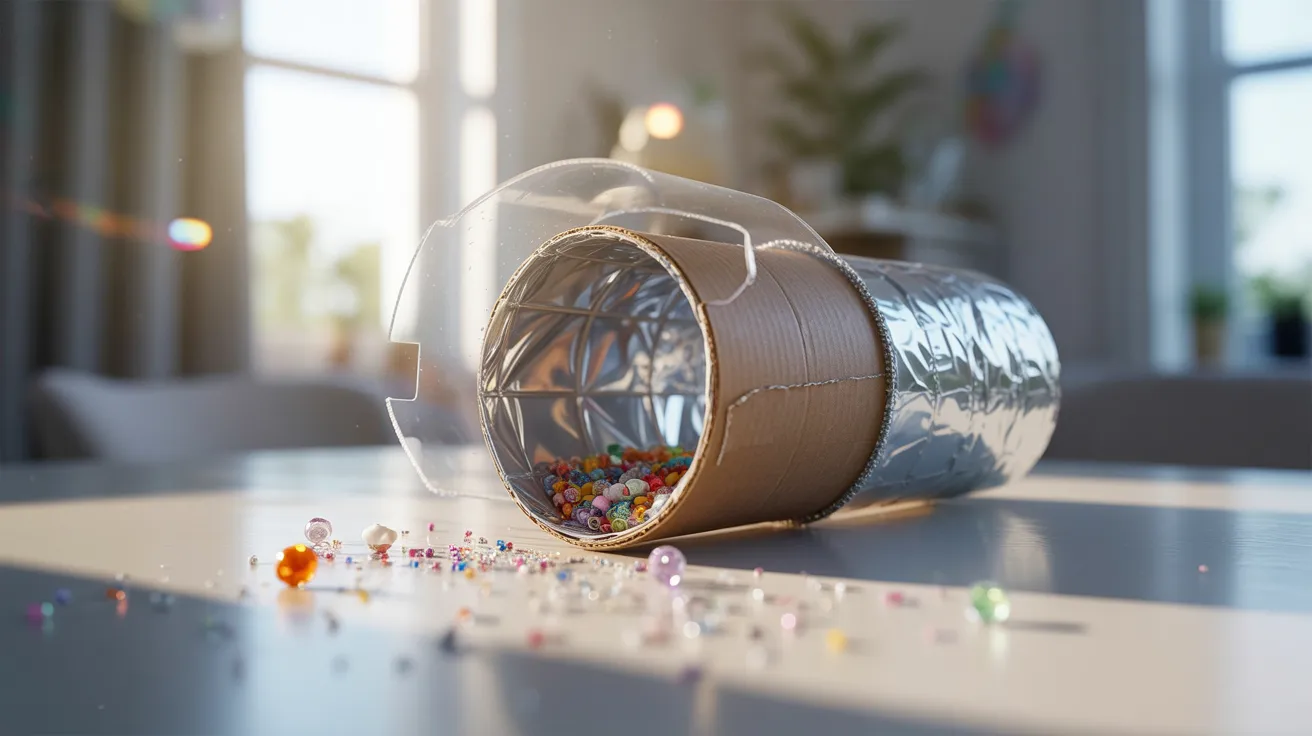 - DIY kaleidoscope craft on the floor with tiny colorful beads for a kids’ hands-on sensory and science activity.