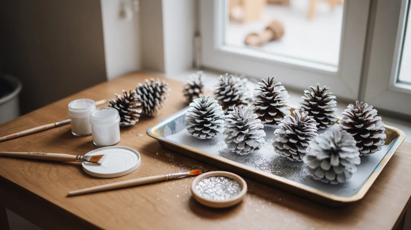 - Snowy pinecone craft on a table with glitter and a brush for a winter-themed DIY art activity.
