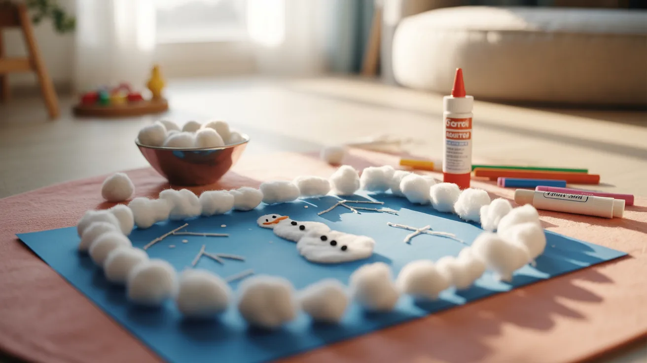 - Cotton ball snow craft on the floor with DIY tools for a kids’ hands-on winter-themed sensory art activity.