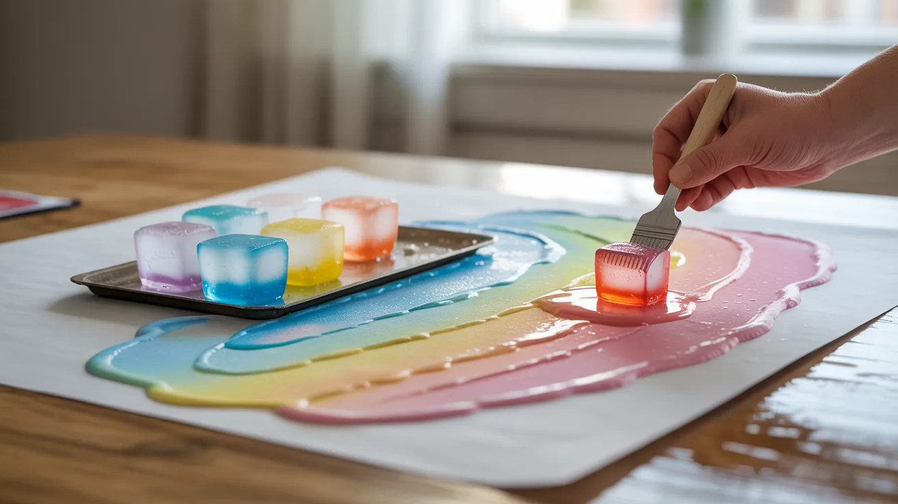 - Colorful ice painting activity artwork on paper, with a hand using a brush to create a soft and vibrant winter-themed painting.