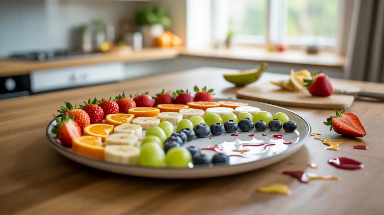 - Edible rainbow craft for kids’ hands-on learning activity using colorful food items for creative arrangement.