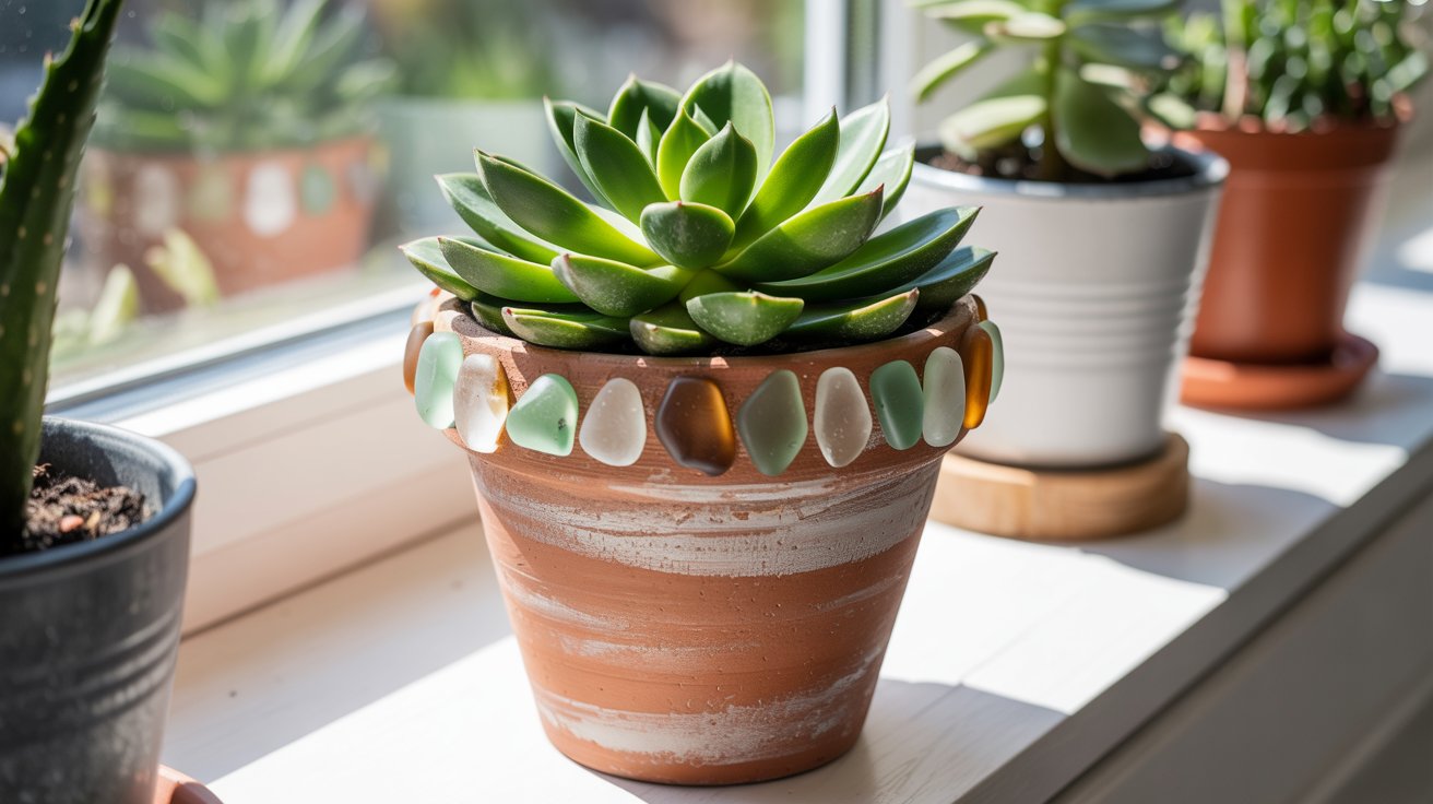 Plant pot decorated with sea glass embellishments