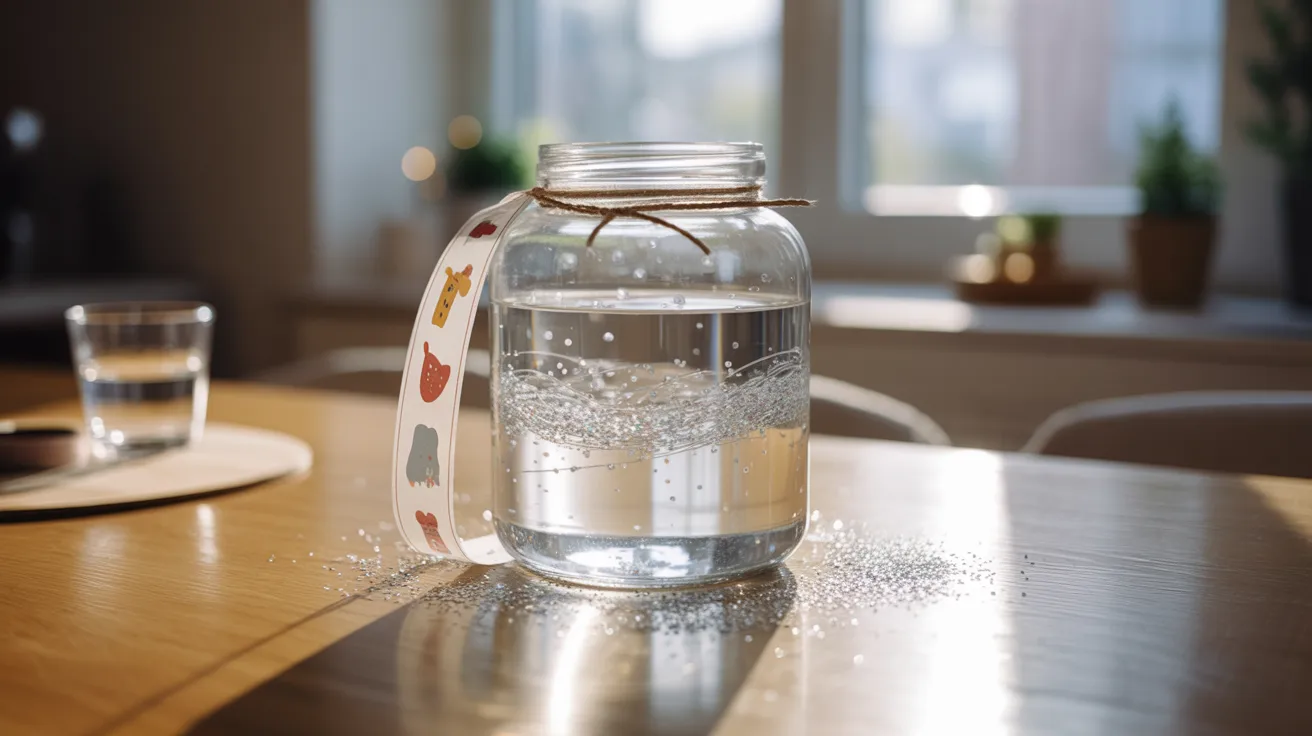 - Elegant glitter snow jar on a table with sunlight rays shining through for a beautiful winter-themed DIY craft display.