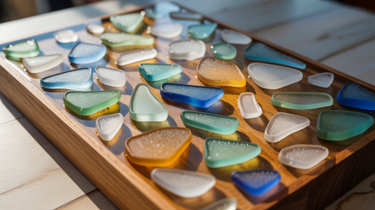 Resin art with embedded sea glass pieces