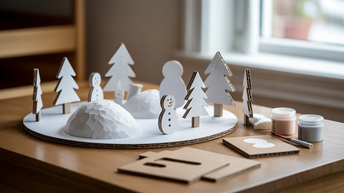 - Cardboard snow scene featuring a snowman and trees for a creative kids’ DIY winter craft display.