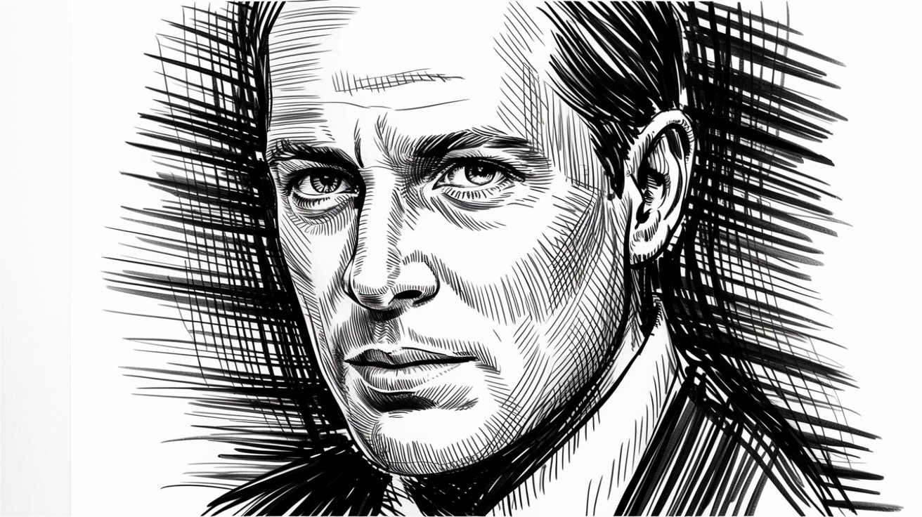 A drawing of a man wearing a suit and tie, standing confidently with a neutral expression.