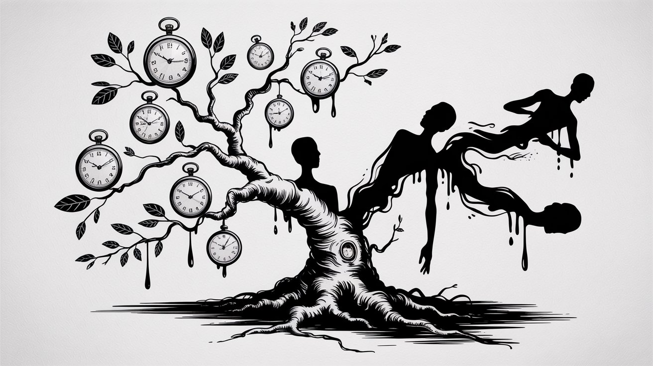 A whimsical tree adorned with various clocks, featuring people sitting and interacting among its branches.