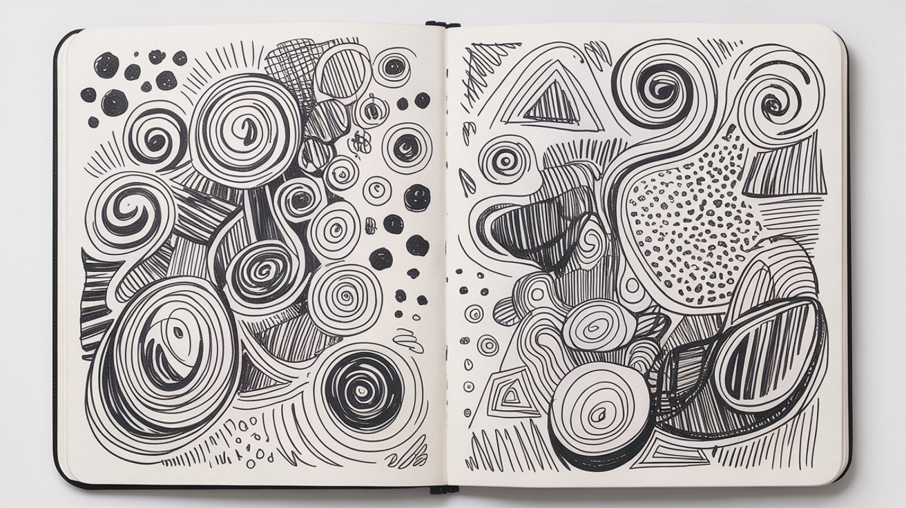 An open notebook displaying intricate black and white drawings on its pages.