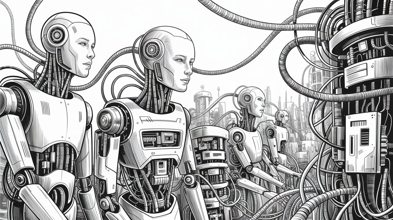 A drawing depicting robots working together in a factory setting, showcasing industrial automation and technology.