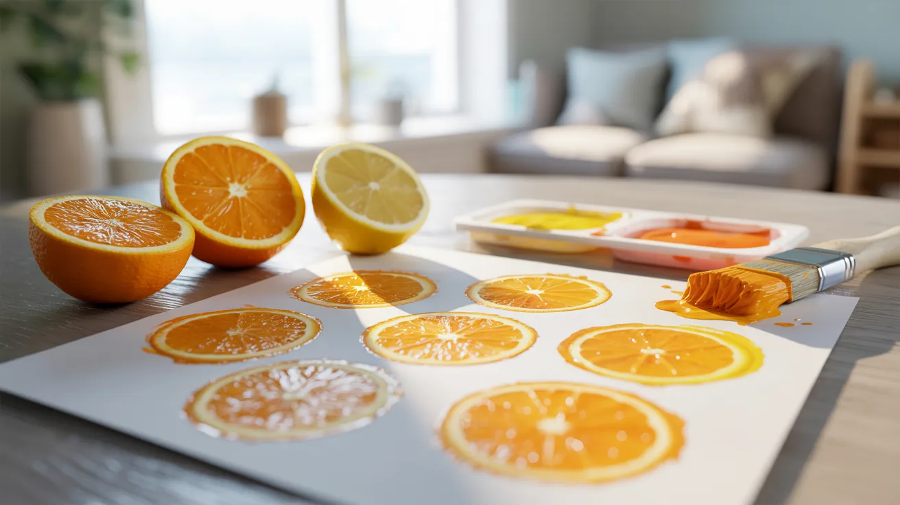 Citrus stamping craft for kids’ DIY art activity using fruit slices to create colorful print patterns.