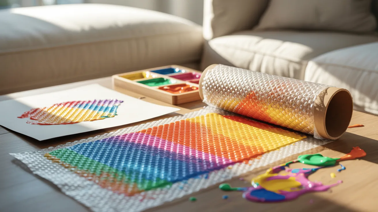 - Bubble wrap painting activity for kids’ DIY sensory art, creating textured prints with paint.