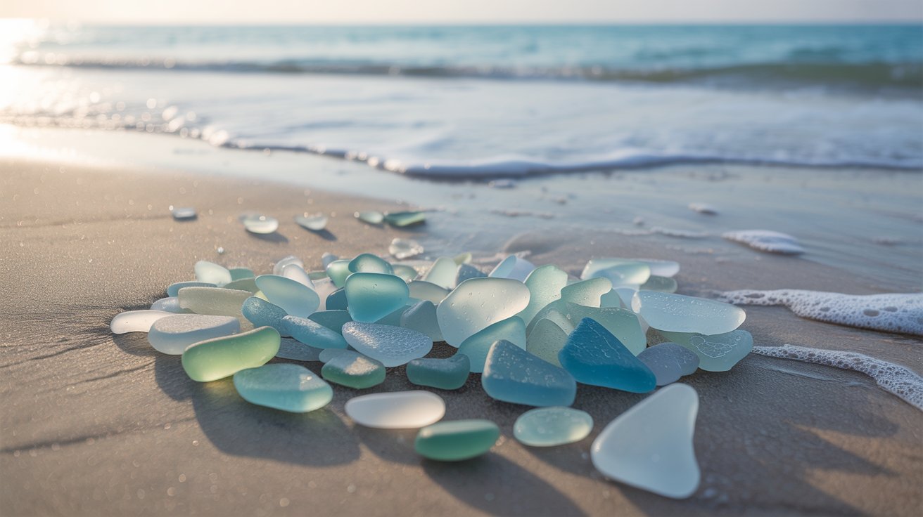 Natural sea glass pieces on beach showing frosted texture and soft edges