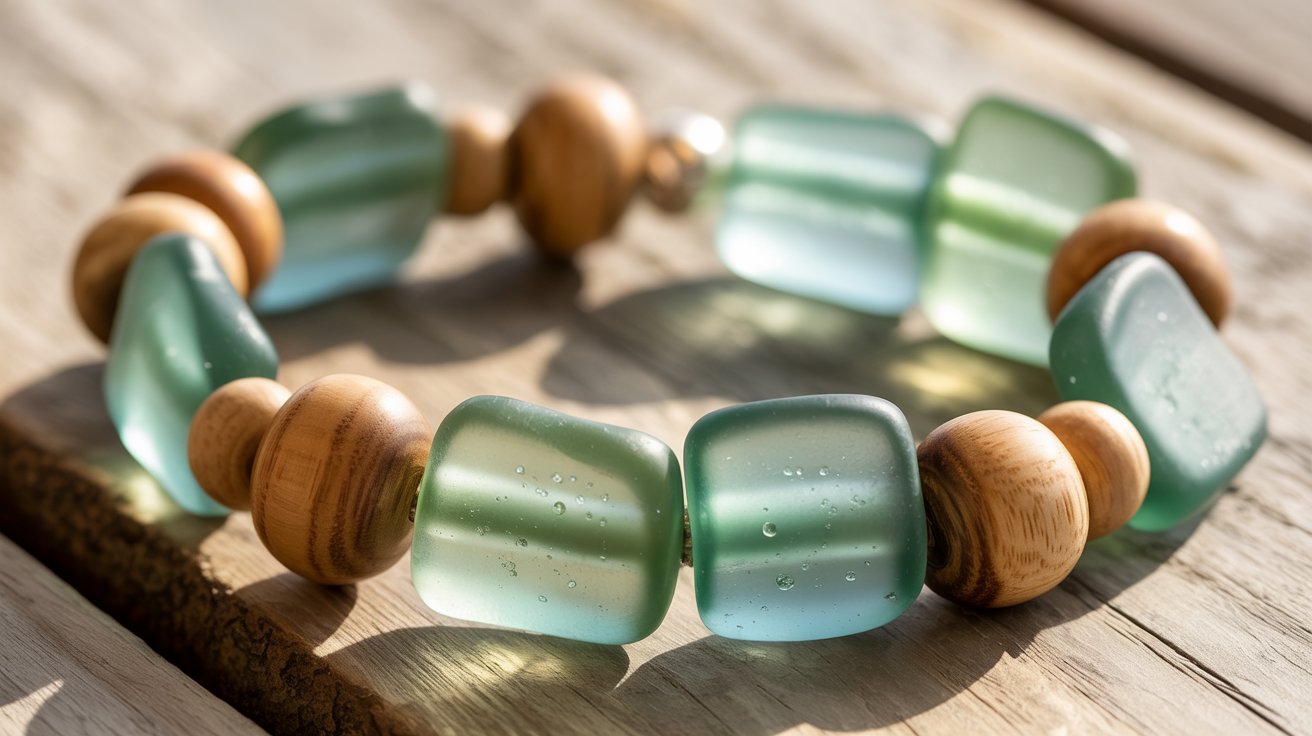 Sea glass bead bracelet with natural materials