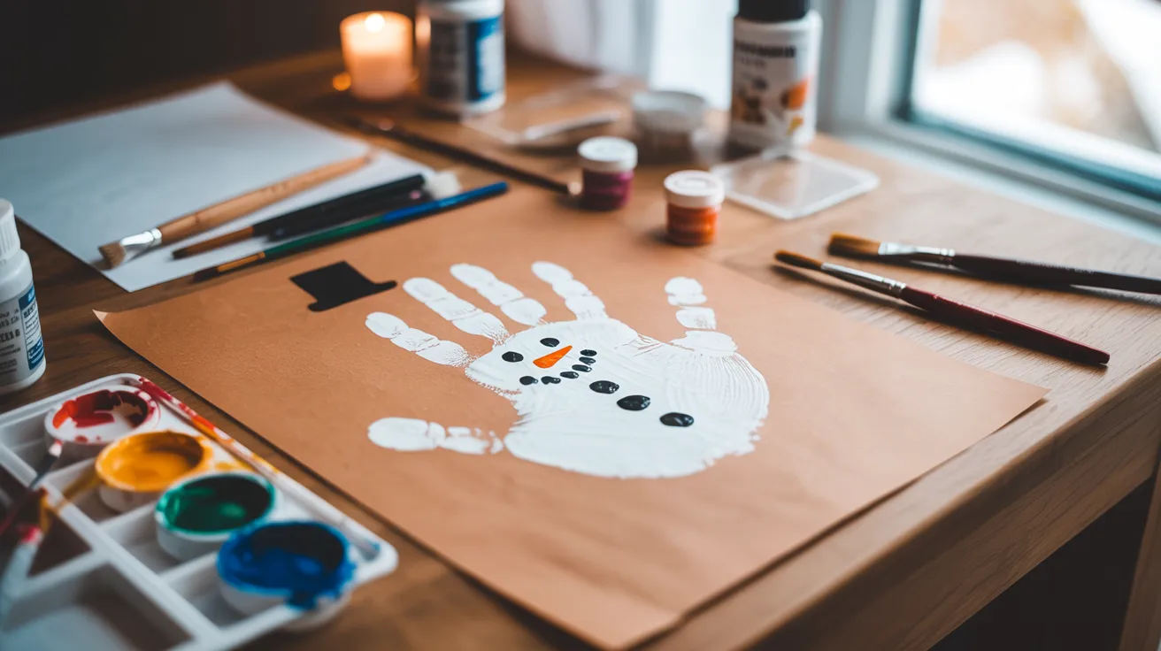 - Handprint snowman art on a table with paint and brushes for a fun DIY kids winter craft activity.