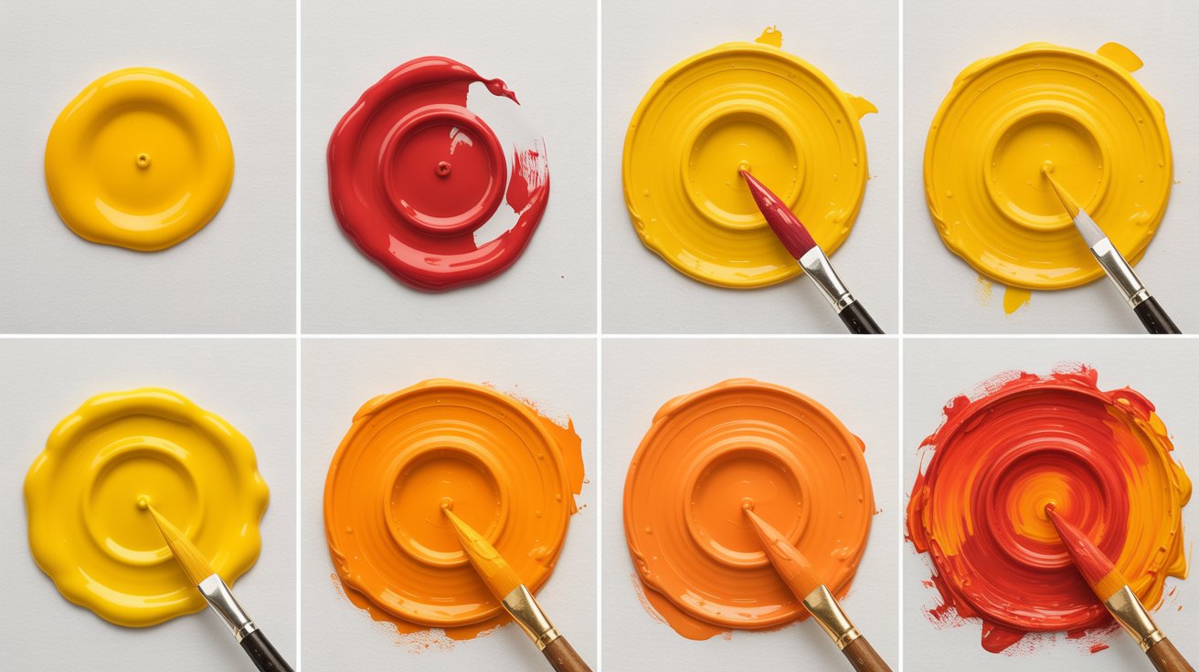 Step by step process of mixing red into yellow to make orange paint
