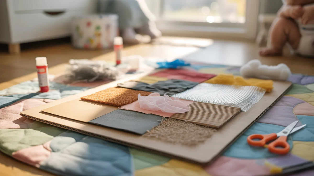 - Texture collage art on the floor with scissors for a creative kids’ DIY sensory art activity.