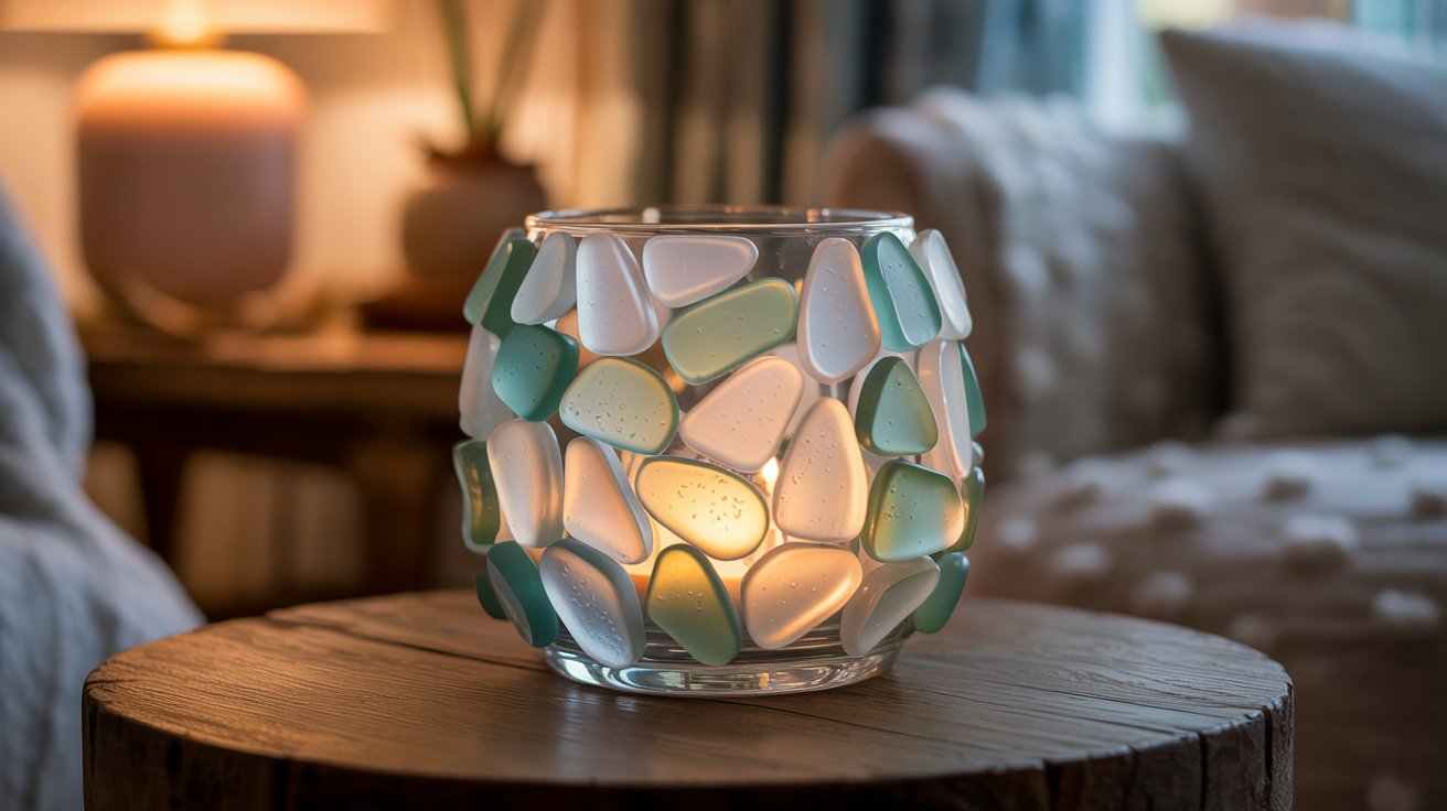 Sea glass candle holder glowing with warm light