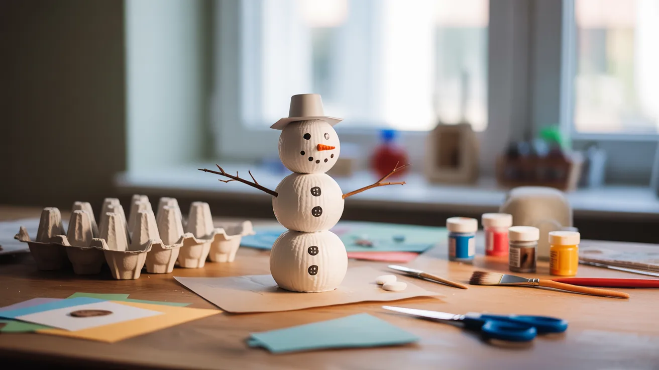 - Egg carton snowman craft made from an egg tray on a table for a creative kids’ DIY winter activity.