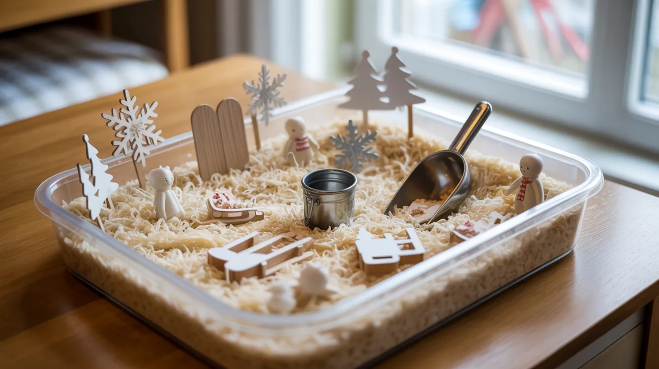 - Snow-themed sensory bin in a plastic box for a hands-on kids’ DIY winter sensory play activity.