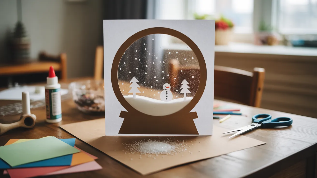- Paper snow globe craft on a table for kids’ creative winter DIY activity.