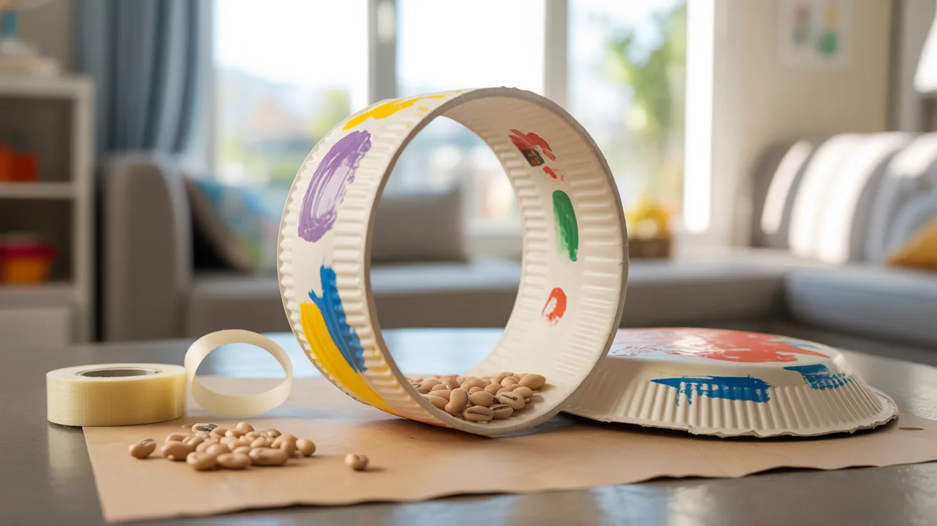 Paper plate tambourine craft for kids’ DIY musical activity creating a simple handheld percussion instrument
